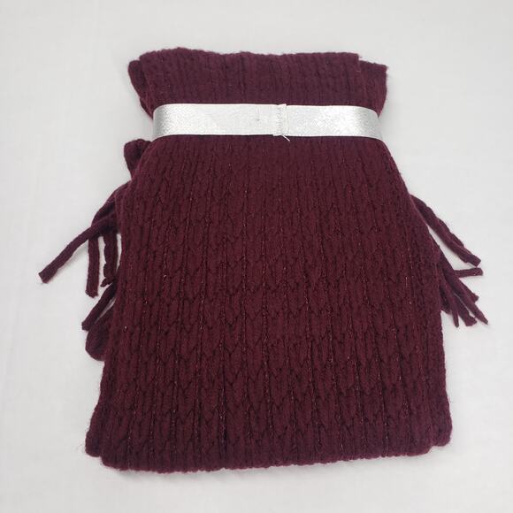 New York & Company 2 Piece Metallic Thread Scarf Gloves Set Burgundy Cable Knit - Picture 2 of 6